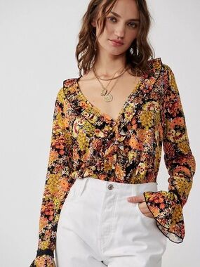 Free People Intimately Floral Bodysuit Boho Ruffle Bell Sleeve V Neck Size S